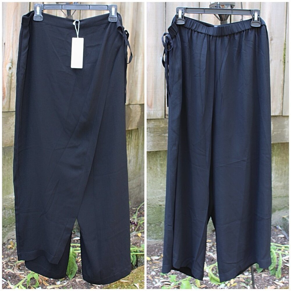 New w/Tags- Eileen Fisher Silk Georgette Crepe Wide Leg Sarong Pants, Black, XL